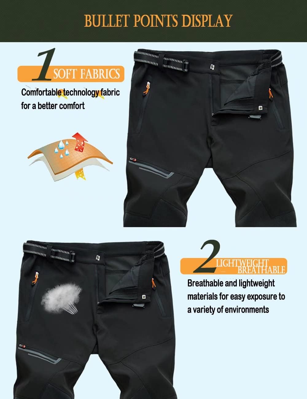 Calças de caminhada masculinas, de secagem rápida, resistentes à água, leves, para trabalho ao ar livre, com bolsos com zíper
