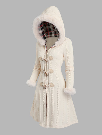 Y2K Plaid Hooded Knit Coat with Faux Fur Trim, Horn Buttons, Long & Warm
