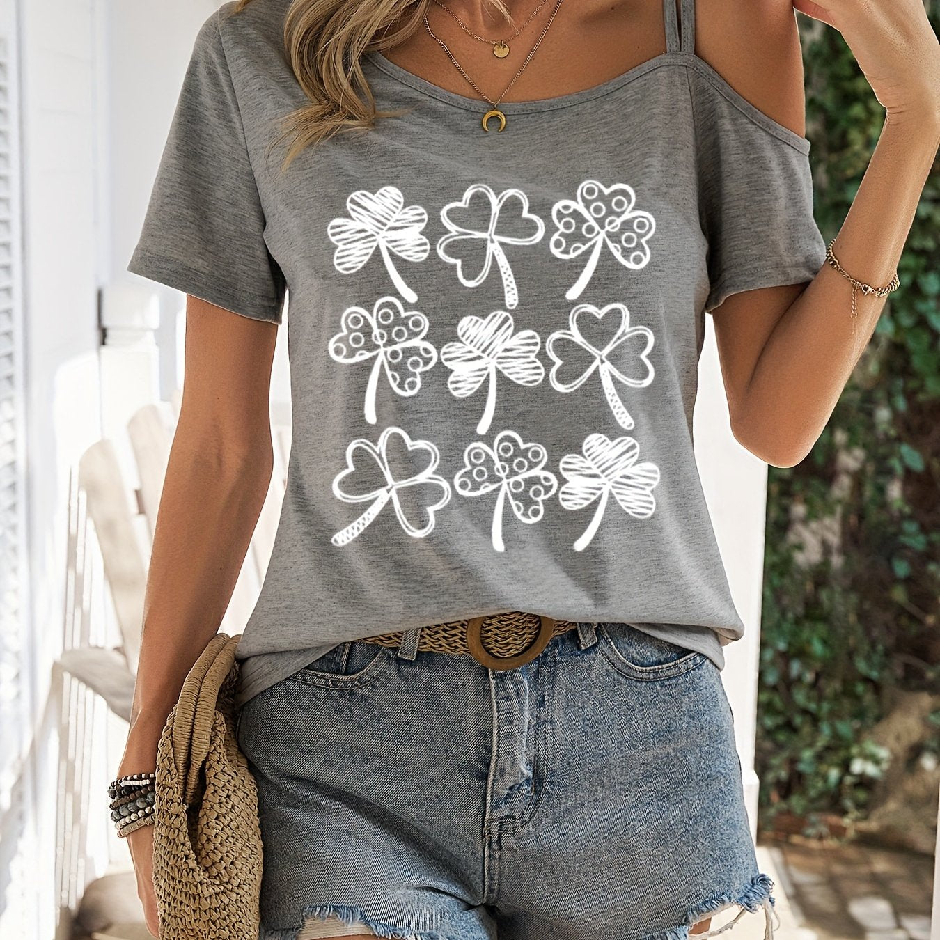 Stylish Heart Print One Shoulder Short Sleeve T-shirt - Elegant Asymmetrical Polyester Top with Micro Elasticity - Perfect for Summer, Womens Regular Length Knit Fabric Clothing