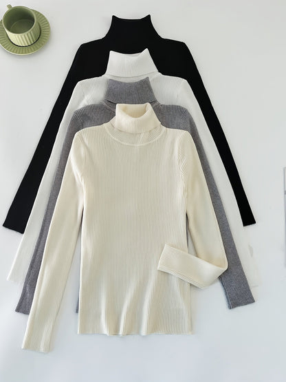 Solid Turtleneck Rib Knit Top 4-Pack - Casual Long Sleeve Slim Sweater