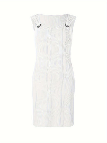 Vestido curto listrado ondulado, decote em V, sem mangas, estilo casual.