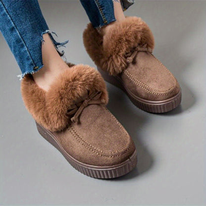 Women's Solid Color Boots, Bowknot Decor Round Toe Non-slip Soft Thick Sole Fluffy Velvet Warm Boots, Winter Comfy Shoes