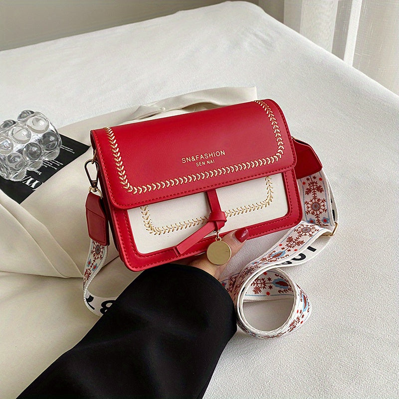 Bolsa de ombro com aba da moda, bolsa feminina com fivela decorativa e alça larga