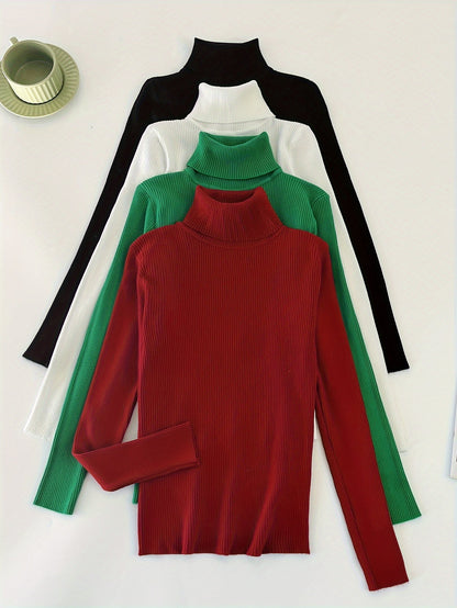 Solid Turtleneck Rib Knit Top 4-Pack - Casual Long Sleeve Slim Sweater