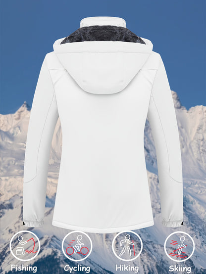 Women's Waterproof & Windproof Ski Jacket - Fleece Lined Thermal Winter Coat with Detachable Hood, Adjustable Cuff, and Zippered Pockets for Skiing, Hiking, and Outdoor Activities, Winter Outdoor Gear | Hooded Warmth Jacket | Waterproof Polyester