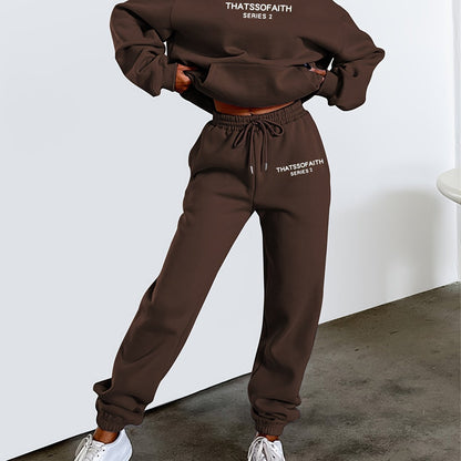Letter Print Casual Two-piece Set, Hooded Top & Jogger Pants