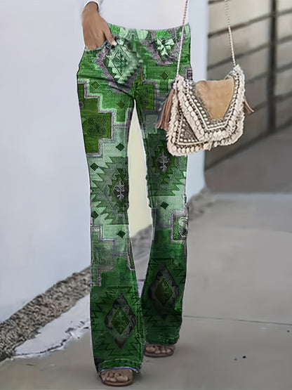 Calças modeladoras geométricas xadrez] Calças modeladoras digitais geométricas xadrez patchwork estampadas - Estilo europeu e americano - Micro calças boca de sino para mulheres