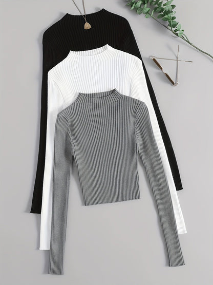 Solid Mock Neck Rib Knit Top 3-Pack - Casual Long Sleeve Slim Sweater