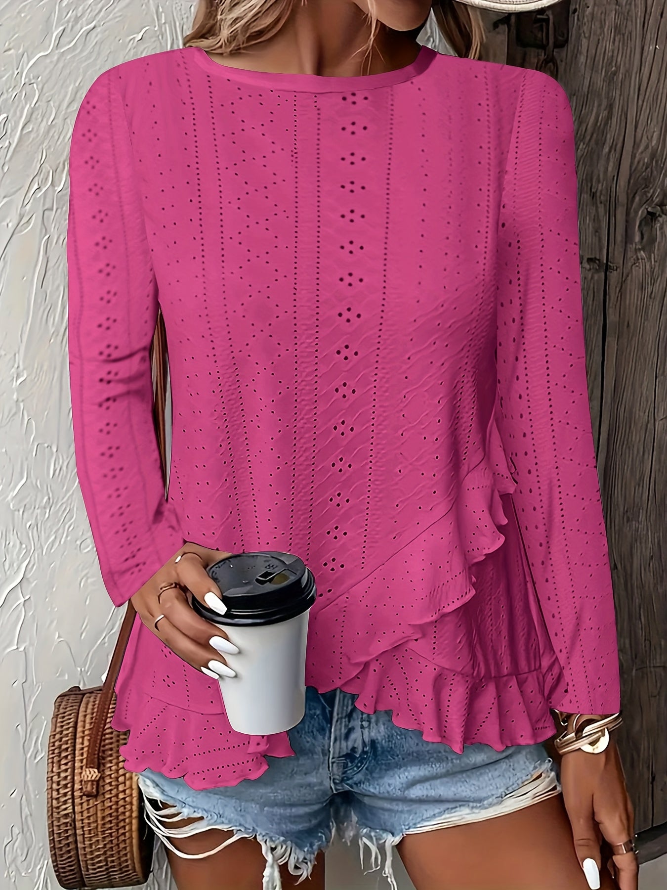 Camiseta feminina de manga comprida com babados e gola redonda, elegante e estilosa, primavera e outono, confortável e respirável, tecido jacquard de cor sólida