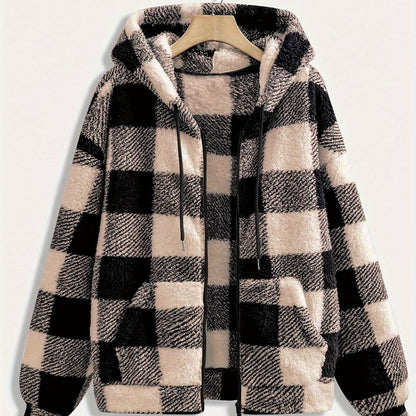 Plaid Hooded Zipper Coat, Casual Fall/Winter Outerwear