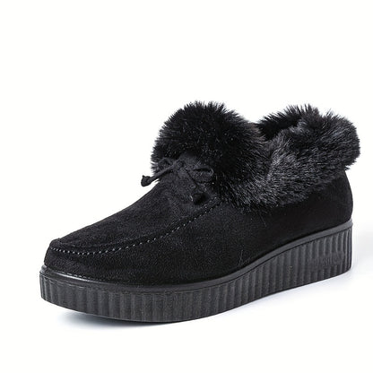 Women's Solid Color Boots, Bowknot Decor Round Toe Non-slip Soft Thick Sole Fluffy Velvet Warm Boots, Winter Comfy Shoes