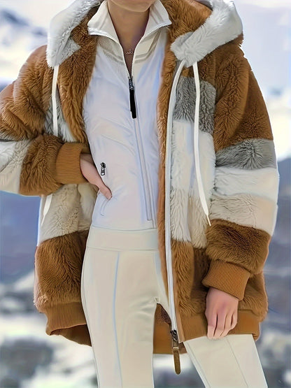 Color Block Fuzzy Hooded Coat, Casual Winter Outerwear.