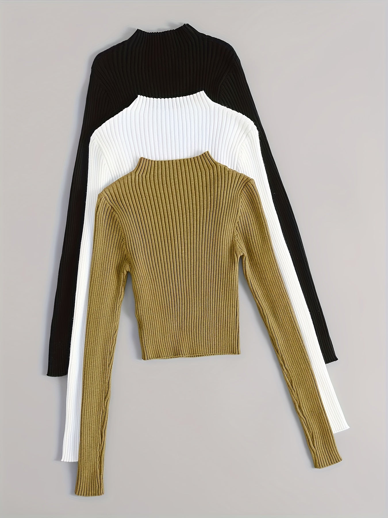 Solid Mock Neck Rib Knit Top 3-Pack - Casual Long Sleeve Slim Sweater