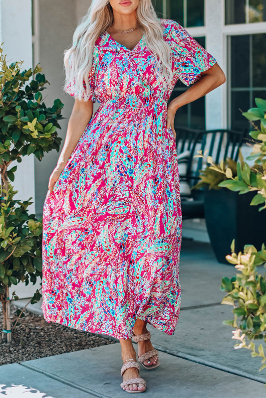 Vestido longo floral com decote em V