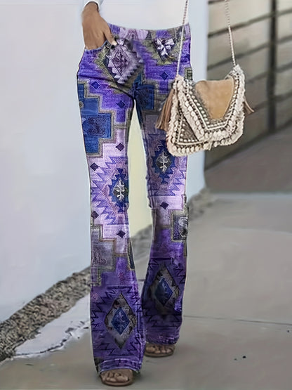 Calças modeladoras geométricas xadrez] Calças modeladoras digitais geométricas xadrez patchwork estampadas - Estilo europeu e americano - Micro calças boca de sino para mulheres