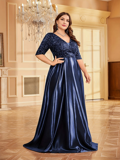 Elegante vestido azul marinho com decote em V e lantejoulas e cintura justa - Vestido de casamento e banquete de manga média e corte A, poliéster, lavável à mão