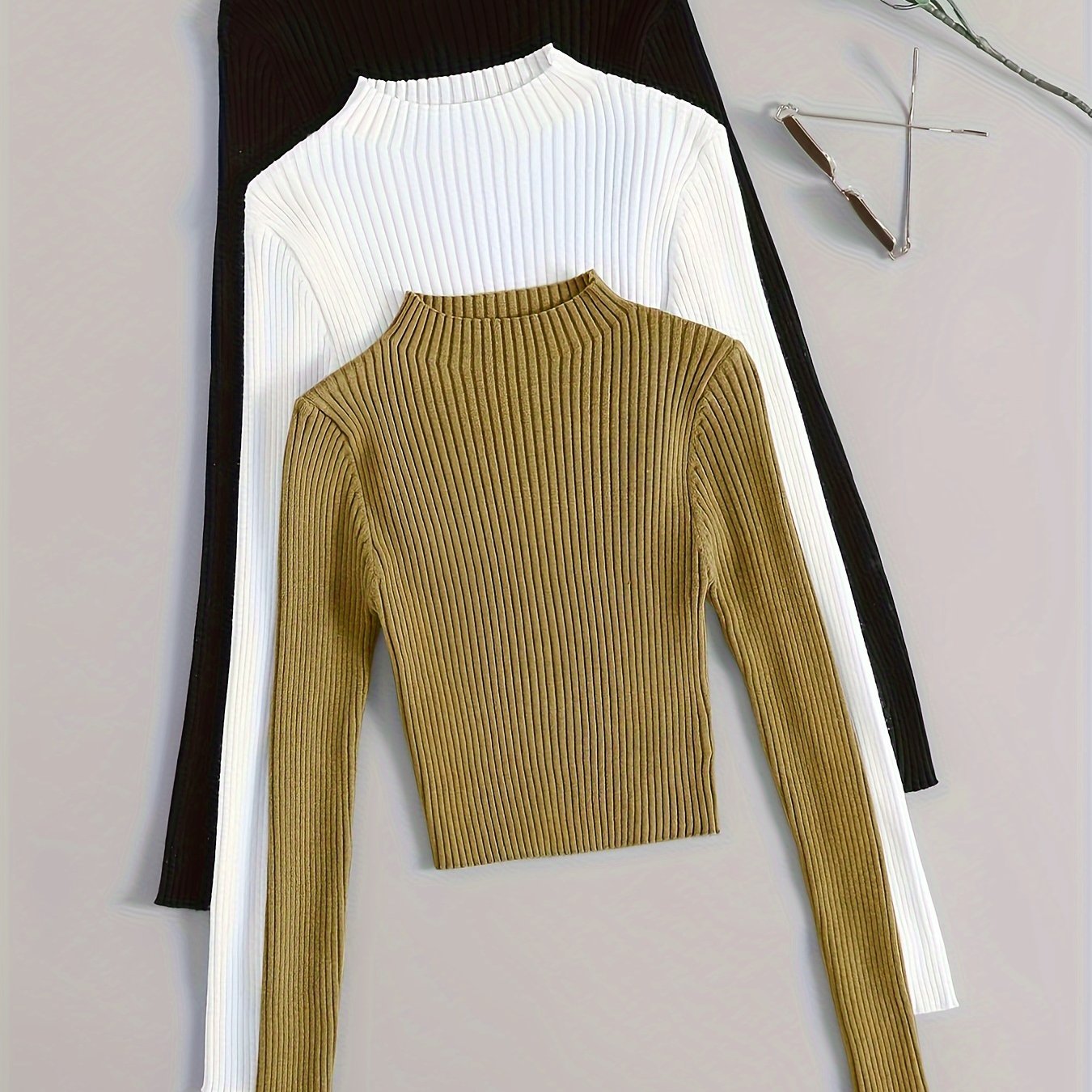 Solid Mock Neck Rib Knit Top 3-Pack - Casual Long Sleeve Slim Sweater