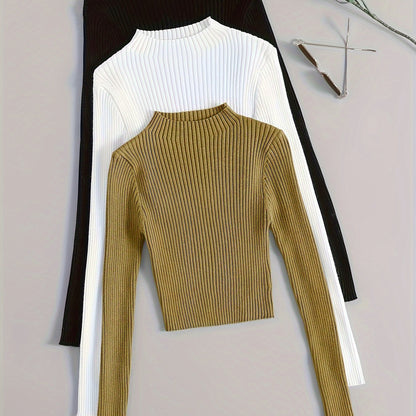 Solid Mock Neck Rib Knit Top 3-Pack - Casual Long Sleeve Slim Sweater