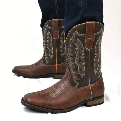 Herren-Roper-Stiefel mit quadratischer Zehenpartie, Western-Cowboystiefel, bestickte Roper-Stiefel bis zur Mitte der Wade