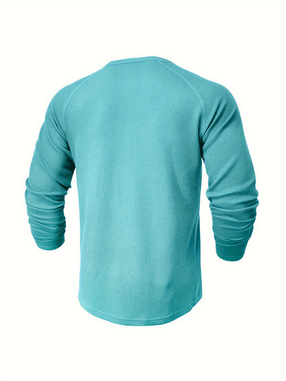 Camisa Henley Masculina Sólida, Manga Longa, Gola Redonda, Meio Botão