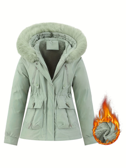 Zip-up Fuzzy Trim Hoodie Parka, Casual Drawstring Waist Winter Coat