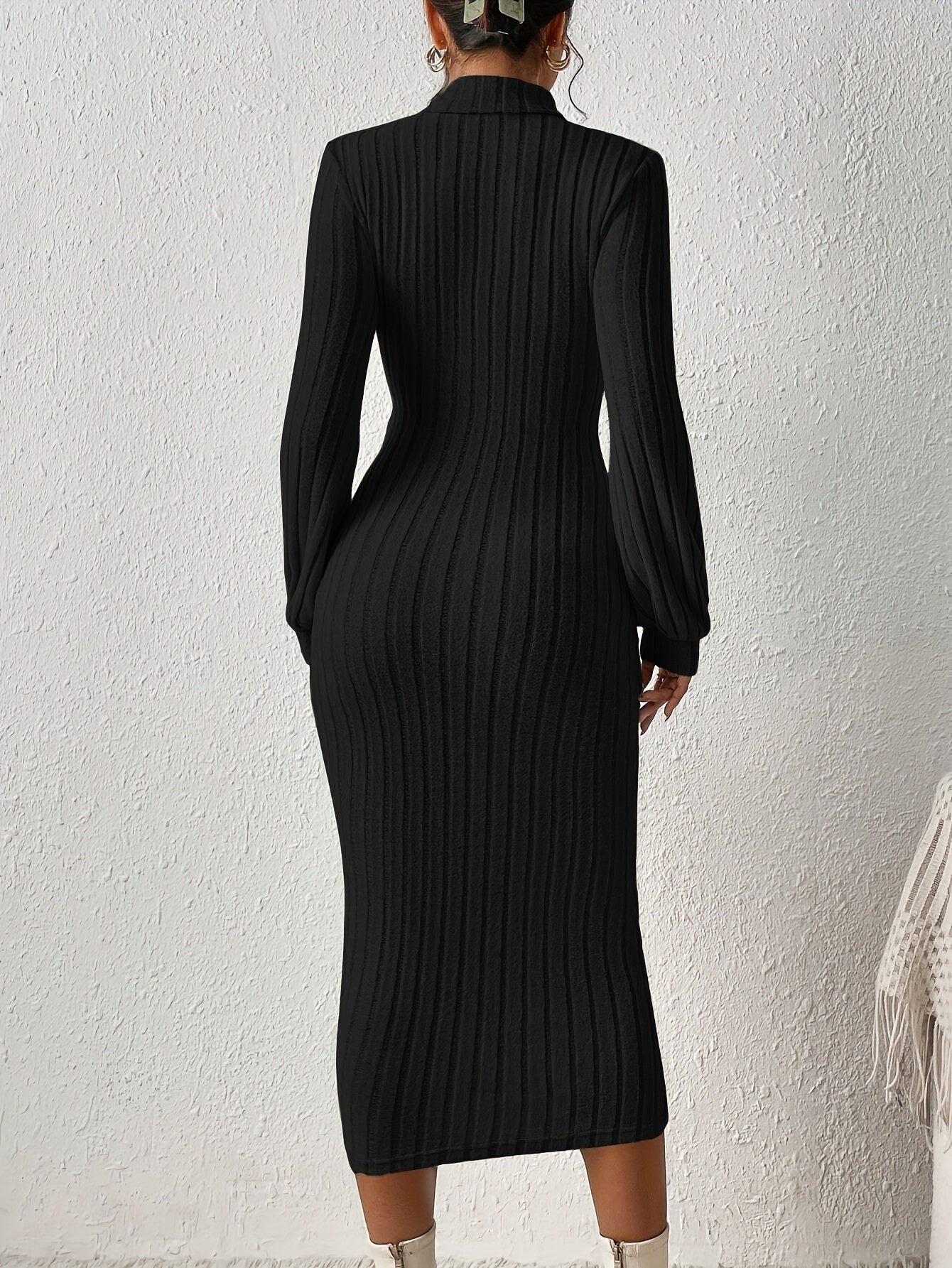 Ribbed Solid Bodycon Dress, Elegant Turtleneck Long Sleeve Dress for Women.