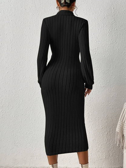 Ribbed Solid Bodycon Dress, Elegant Turtleneck Long Sleeve Dress for Women.