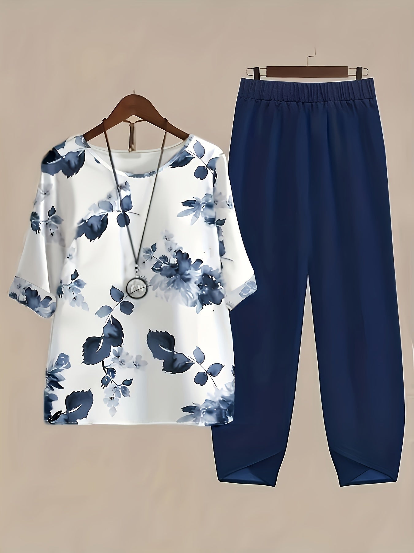 Two-piece Set, Floral Print Short Sleeve Blouse & Solid Elastic Waist Loose Pants, Elegant Women's Clothing Outfits