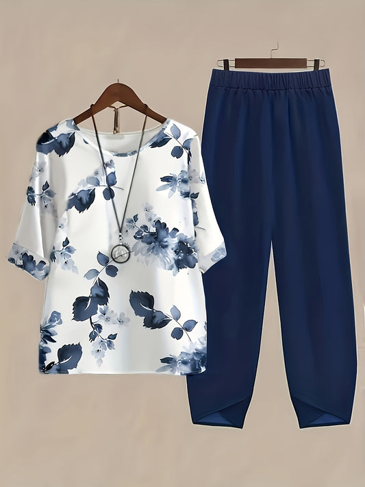 Two-piece Set, Floral Print Short Sleeve Blouse & Solid Elastic Waist Loose Pants, Elegant Women's Clothing Outfits