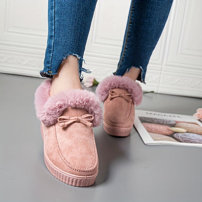Women's Solid Color Boots, Bowknot Decor Round Toe Non-slip Soft Thick Sole Fluffy Velvet Warm Boots, Winter Comfy Shoes