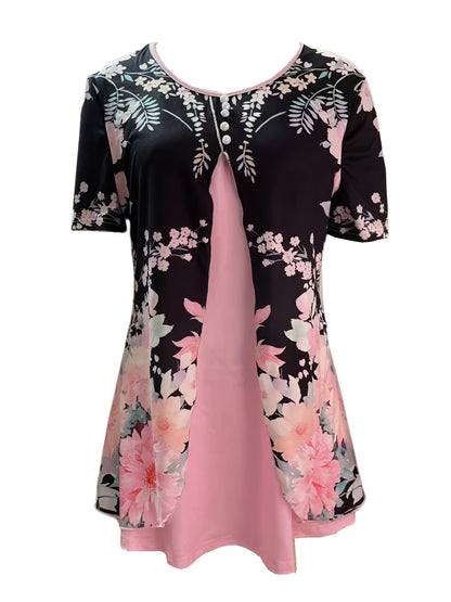 [Floral T-Shirt] Summer Floral Print Women's V-Neck T-Shirt | Layered Black & Pink Casual Short Sleeve Top, Machine Washable Polyester Blend | Versatile Layering Piece, Button Detail, Stretch Fabric