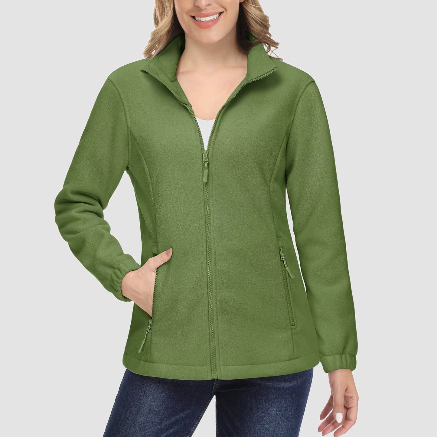 Damen Fleecejacke, weich, durchgehender Reißverschluss, warm, langärmelig, mit 2 Reißverschlusstaschen, Winterjacken 