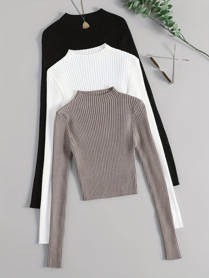 Solid Mock Neck Rib Knit Top 3-Pack - Casual Long Sleeve Slim Sweater