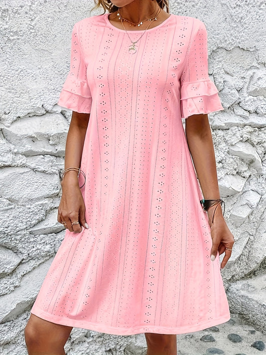 Vestido com gola redonda bordado com ilhós, manga casual com babados para primavera/verão.