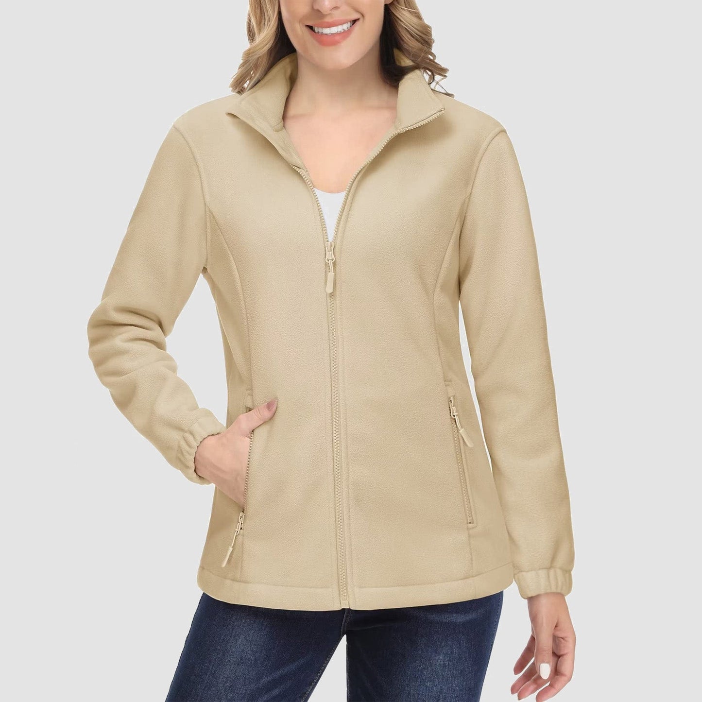 Damen Fleecejacke, weich, durchgehender Reißverschluss, warm, langärmelig, mit 2 Reißverschlusstaschen, Winterjacken 