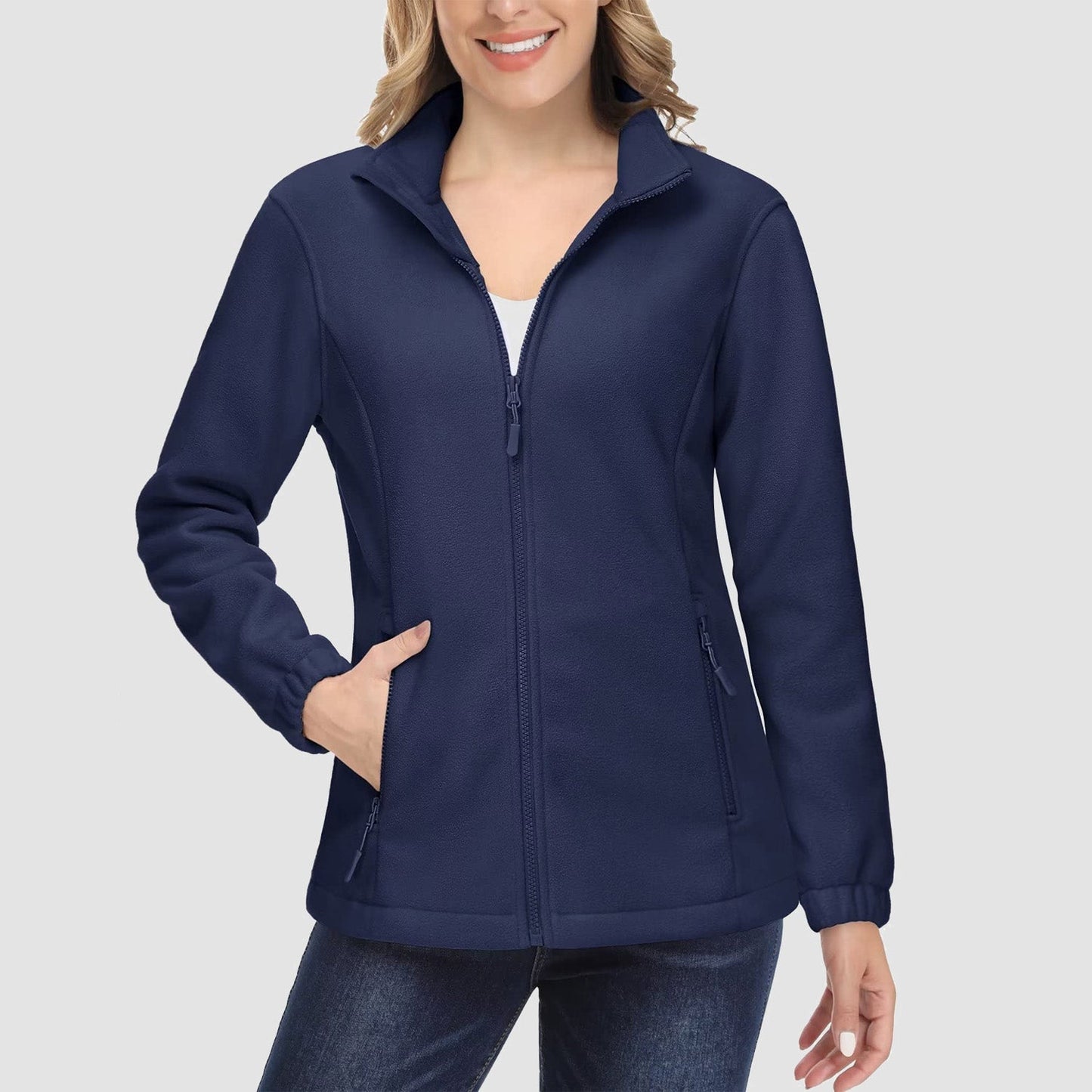 Damen Fleecejacke, weich, durchgehender Reißverschluss, warm, langärmelig, mit 2 Reißverschlusstaschen, Winterjacken 