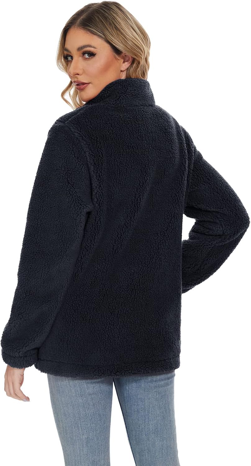 Jaqueta Sherpa Feminina Full Zip Fuzzy Teddy Coat com Bolsos Fleece Forrado Quente Inverno Casual Outfits