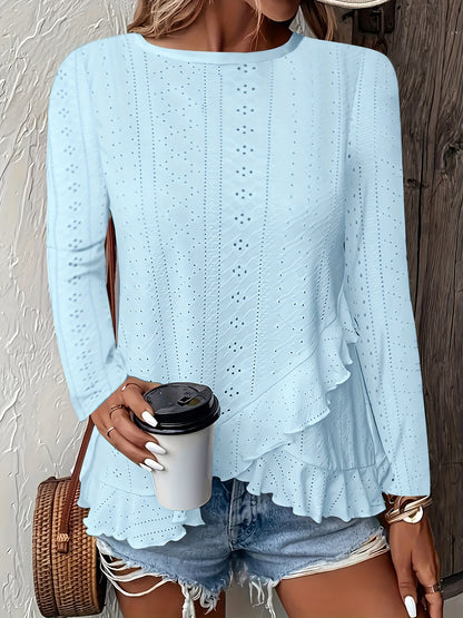 Camiseta feminina de manga comprida com babados e gola redonda, elegante e estilosa, primavera e outono, confortável e respirável, tecido jacquard de cor sólida