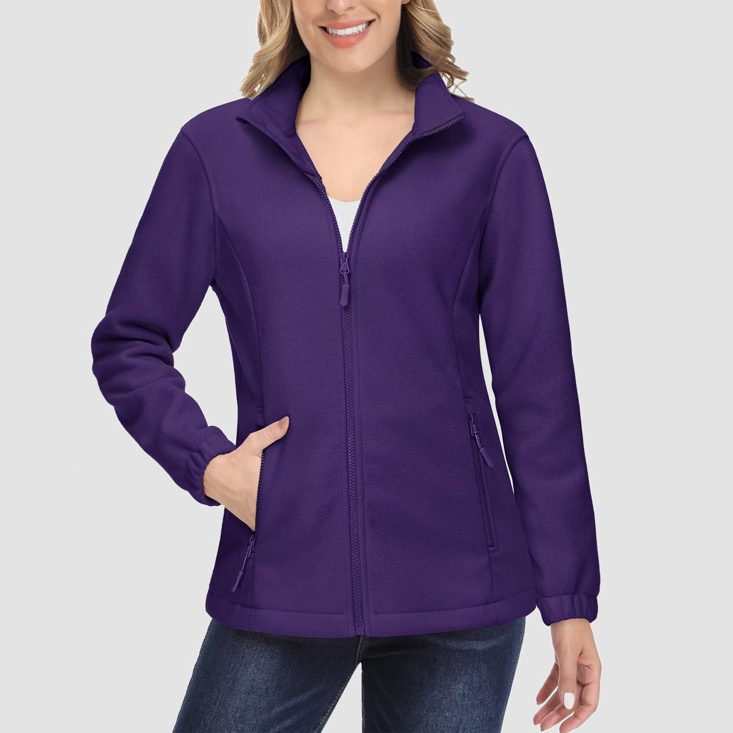 Damen Fleecejacke, weich, durchgehender Reißverschluss, warm, langärmelig, mit 2 Reißverschlusstaschen, Winterjacken 