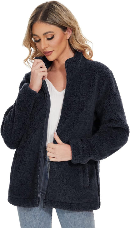 Jaqueta Sherpa Feminina Full Zip Fuzzy Teddy Coat com Bolsos Fleece Forrado Quente Inverno Casual Outfits