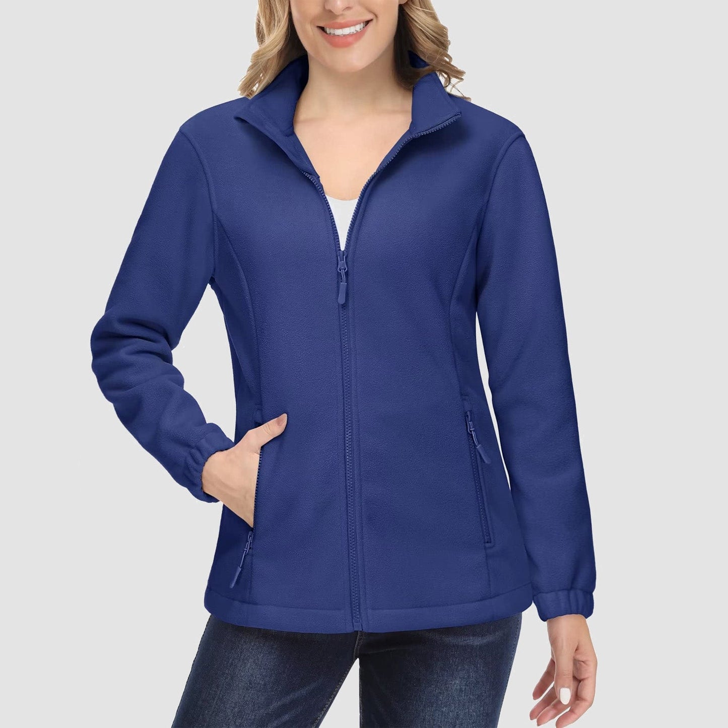 Damen Fleecejacke, weich, durchgehender Reißverschluss, warm, langärmelig, mit 2 Reißverschlusstaschen, Winterjacken 