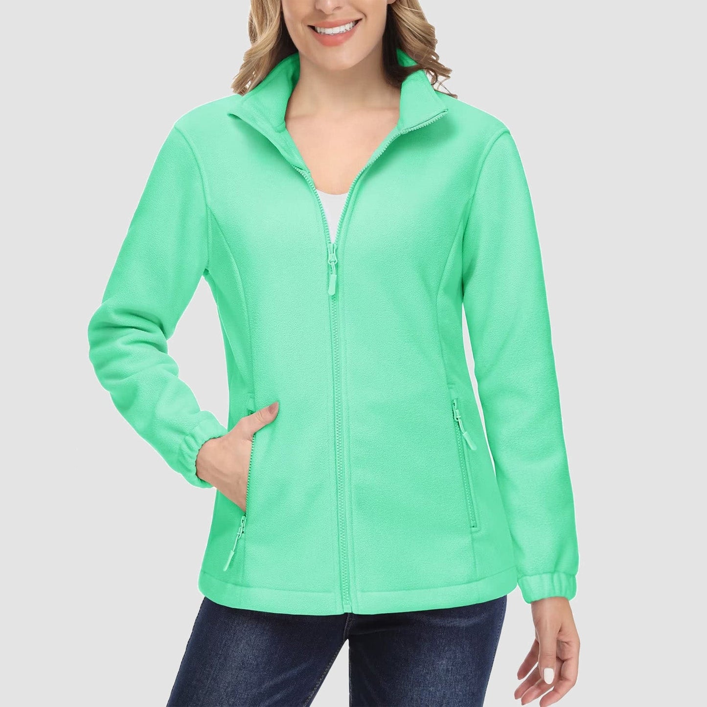 Damen Fleecejacke, weich, durchgehender Reißverschluss, warm, langärmelig, mit 2 Reißverschlusstaschen, Winterjacken 
