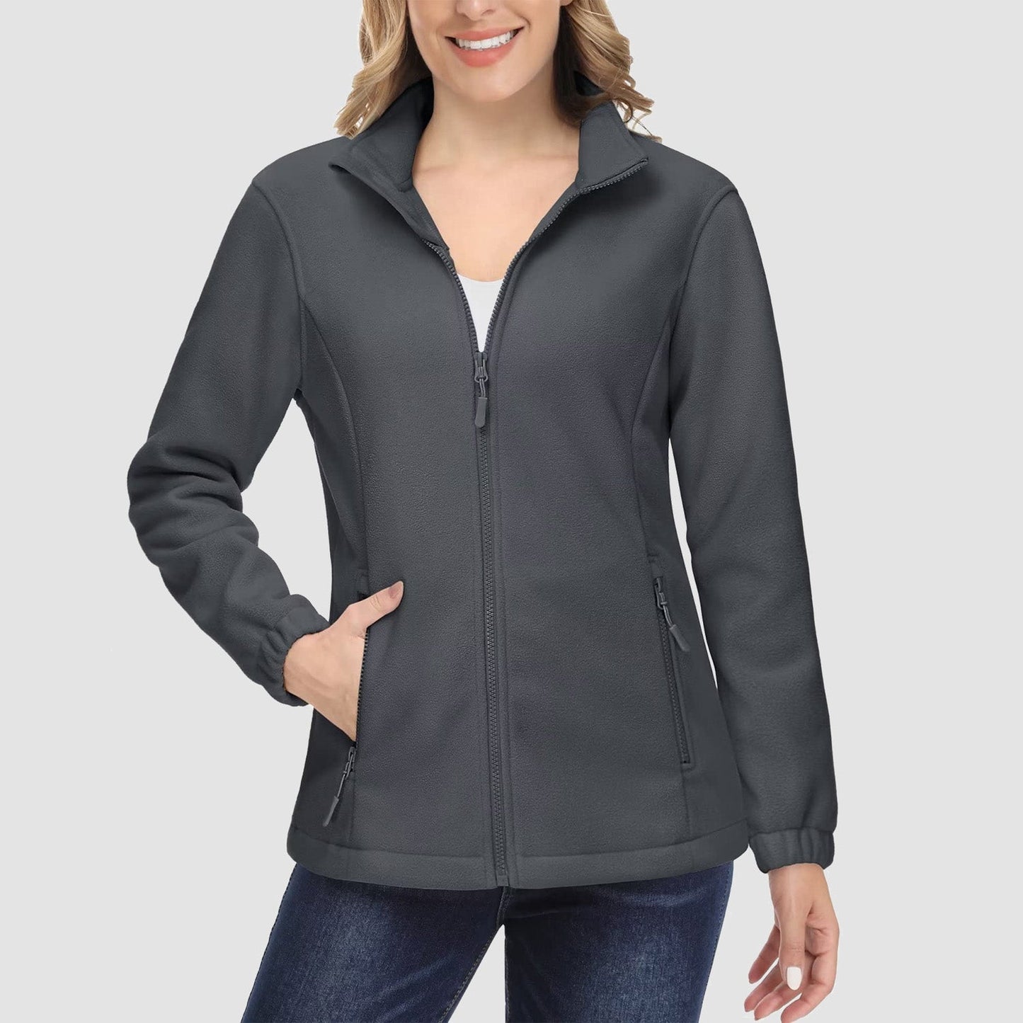 Damen Fleecejacke, weich, durchgehender Reißverschluss, warm, langärmelig, mit 2 Reißverschlusstaschen, Winterjacken 