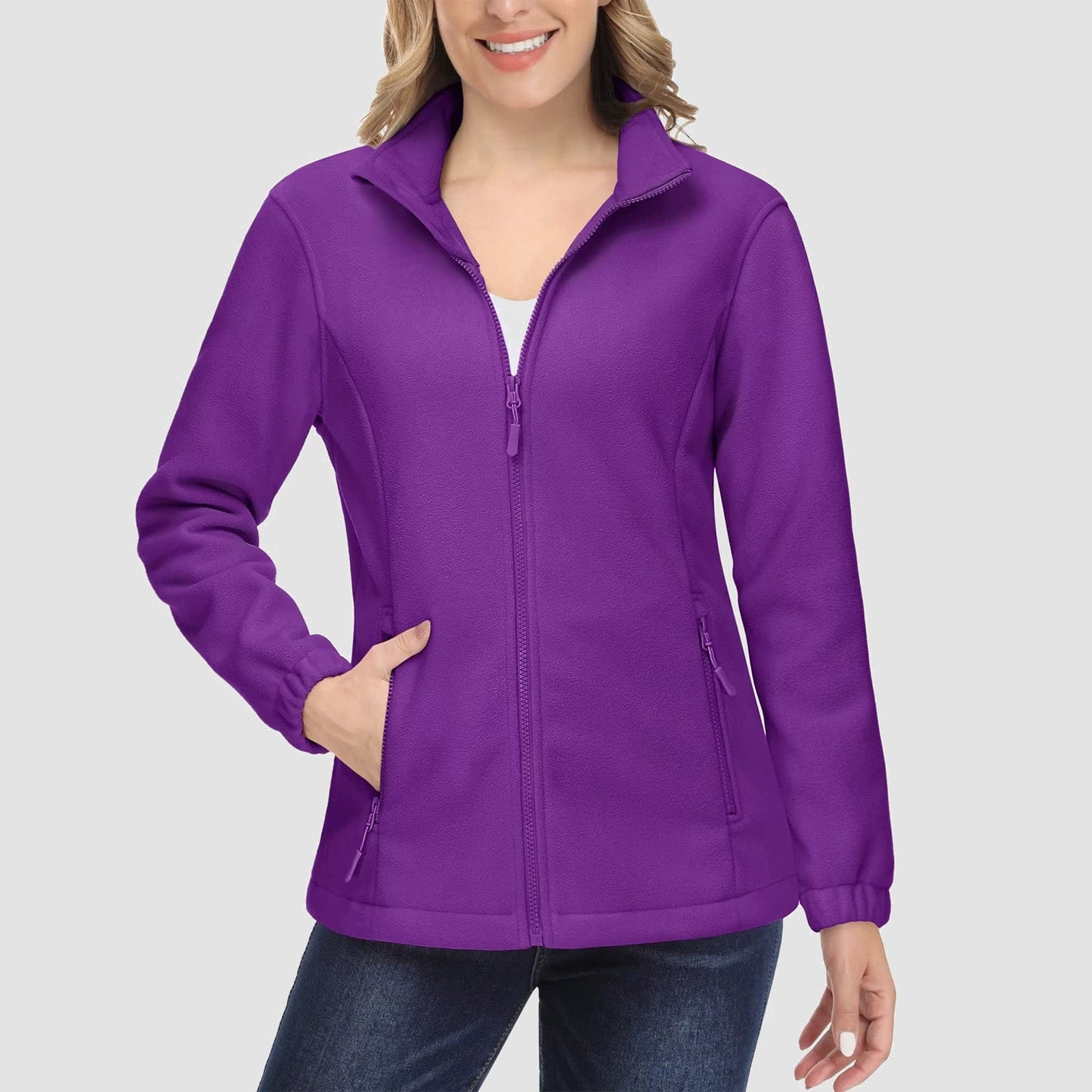 Damen Fleecejacke, weich, durchgehender Reißverschluss, warm, langärmelig, mit 2 Reißverschlusstaschen, Winterjacken 
