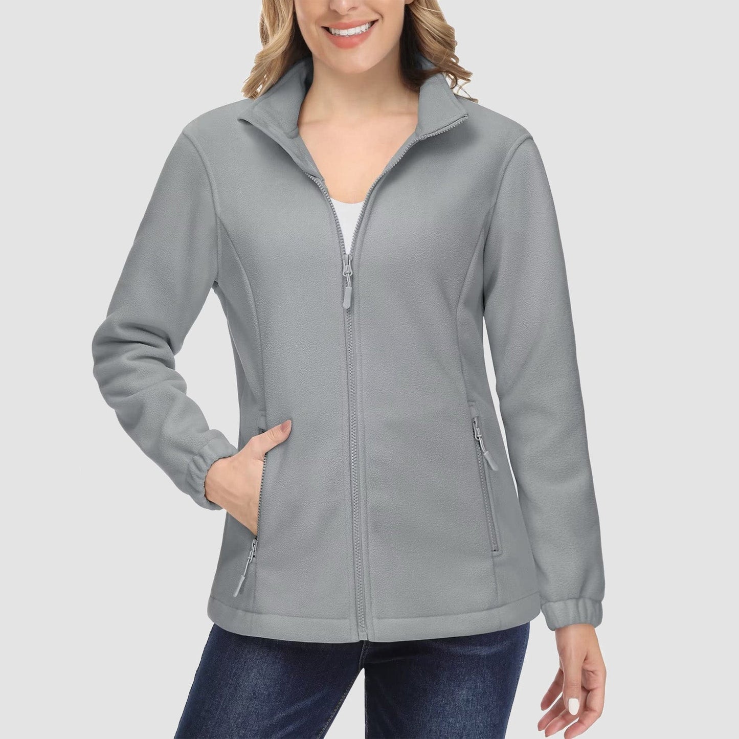 Damen Fleecejacke, weich, durchgehender Reißverschluss, warm, langärmelig, mit 2 Reißverschlusstaschen, Winterjacken 
