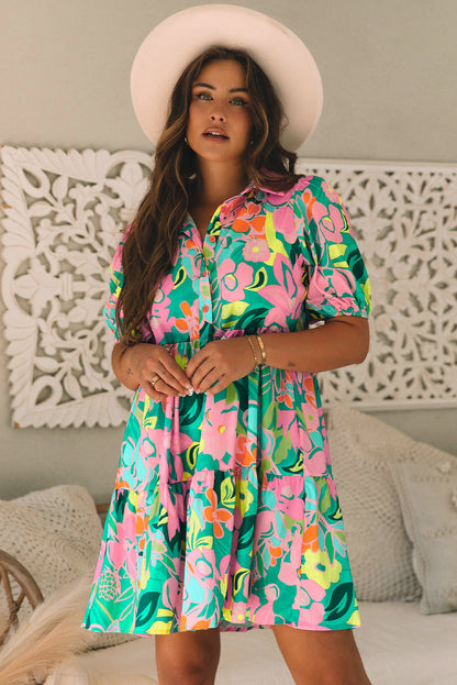 Vestido Babydoll Floral Manga Bufante