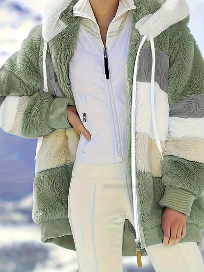 Color Block Fuzzy Hooded Coat, Casual Winter Outerwear.