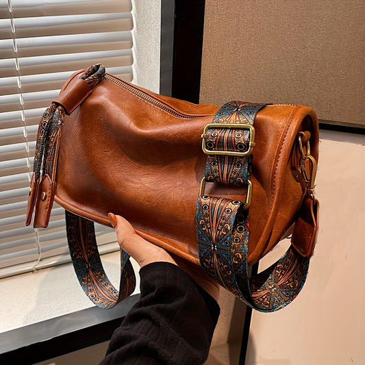 Bolsa tiracolo com zíper e estampa gráfica - estilosa, alça larga, grande capacidade