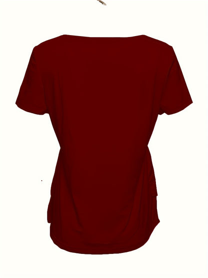 Camiseta de gola redonda de cor sólida, blusa flare com botões na frente e em camadas para primavera/verão.