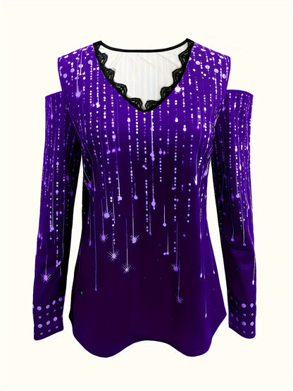 Camiseta com decote em V e acabamento em renda, blusa elegante com ombros descobertos para primavera e outono.